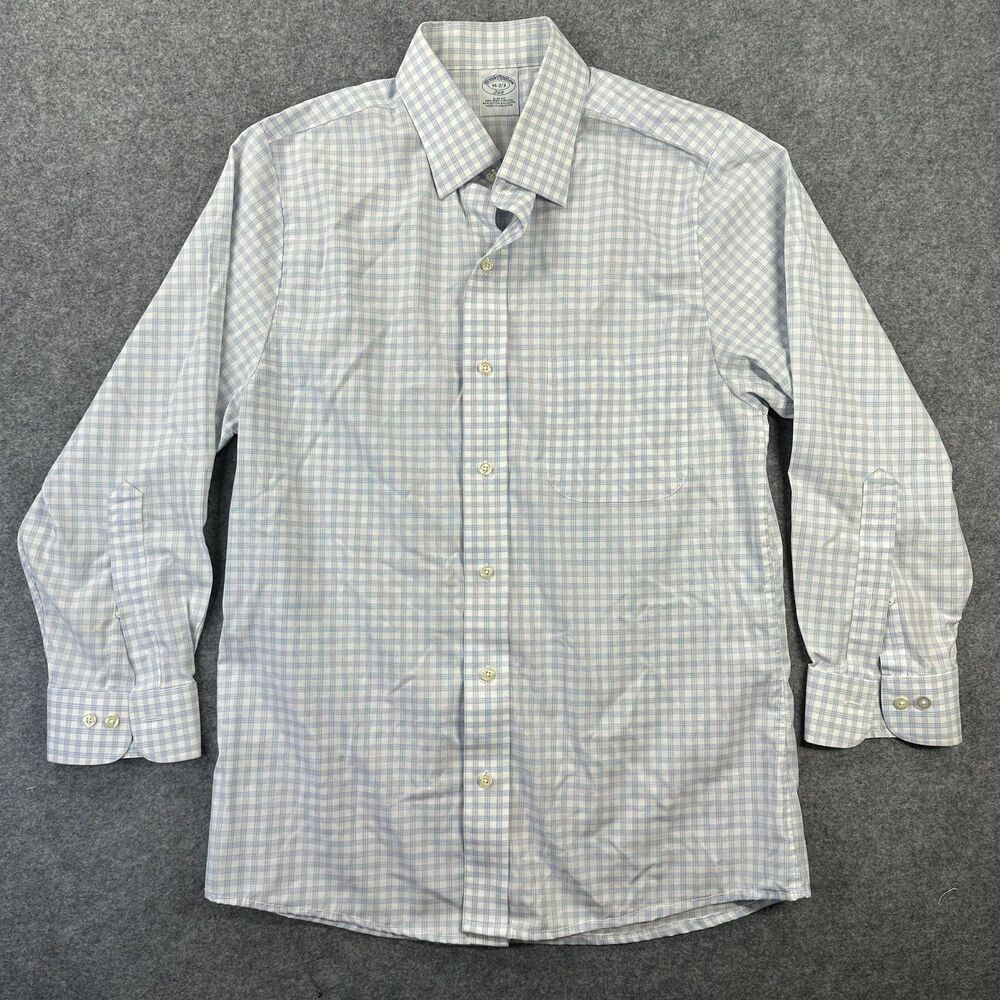 Brooks Brothers 346 Dress Shirt Mens 16.5 Blue Check Slim Fit Non Iron Stretch